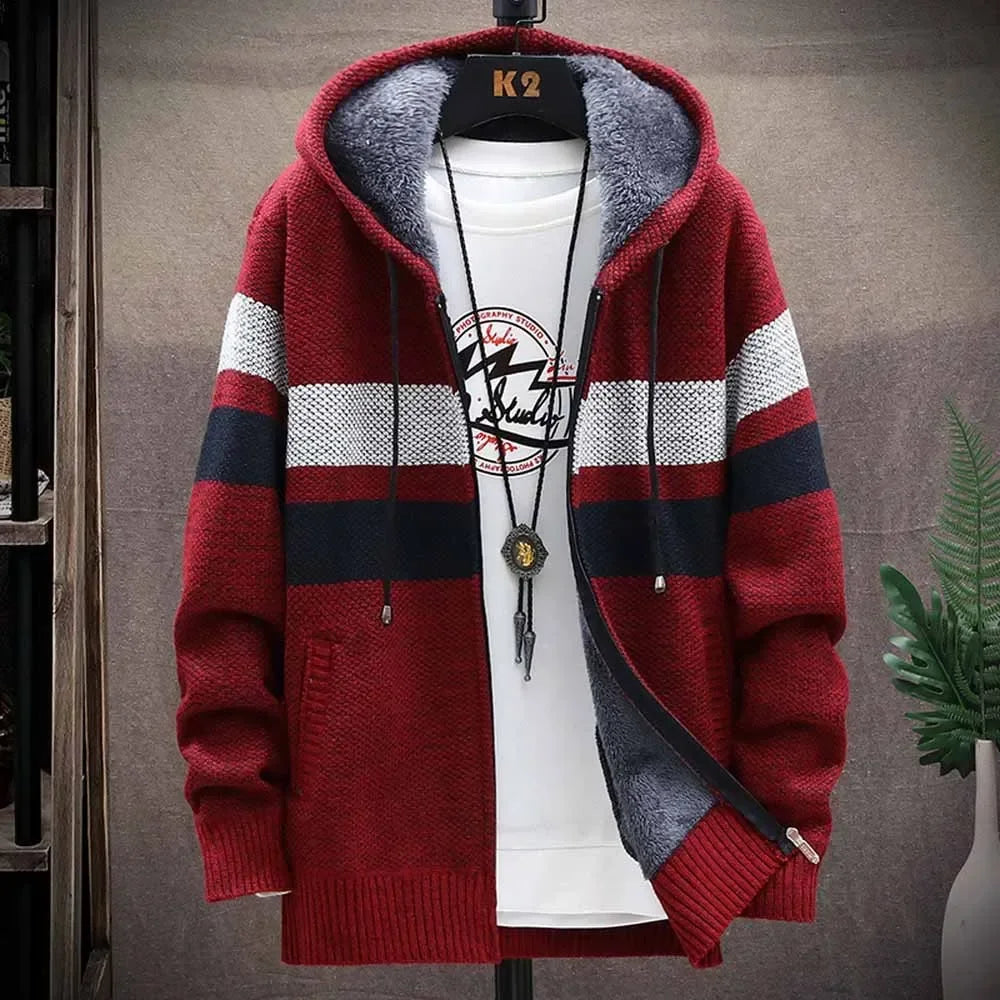 Customizable Striped Mens Sweater Coat Thick Fleece Warm Zipper Wool Hooded Cardigan Jumpers Men Long Sleeve Knitted Sweaters