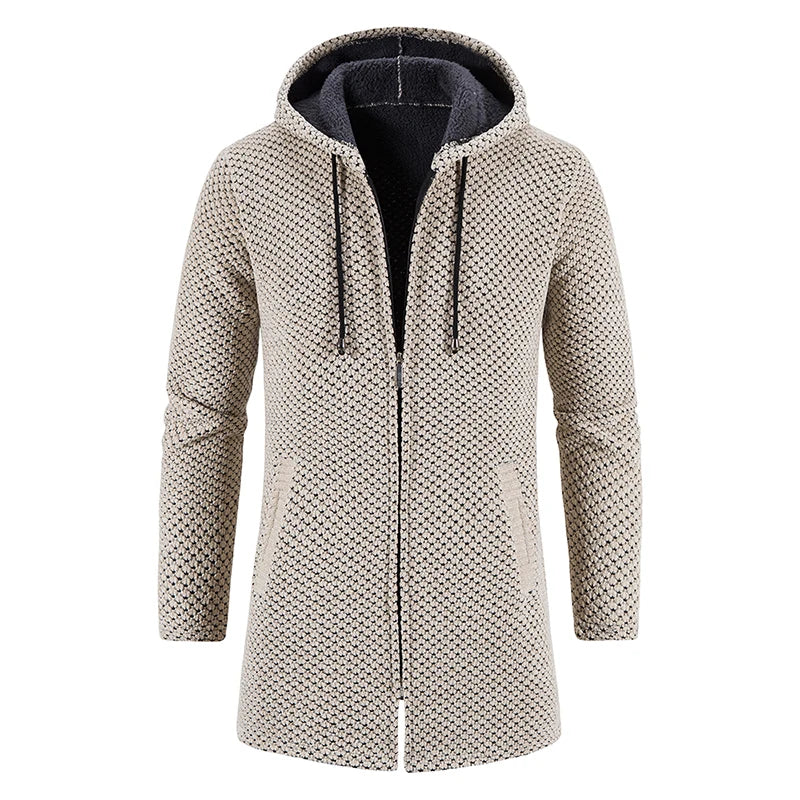 Men Winter Long Trench Coat 2023 Knit Sweater Jacket Fleece Wind Breaker Navy Turn-down Hoodies Zipper Cardigan Male Overcoat