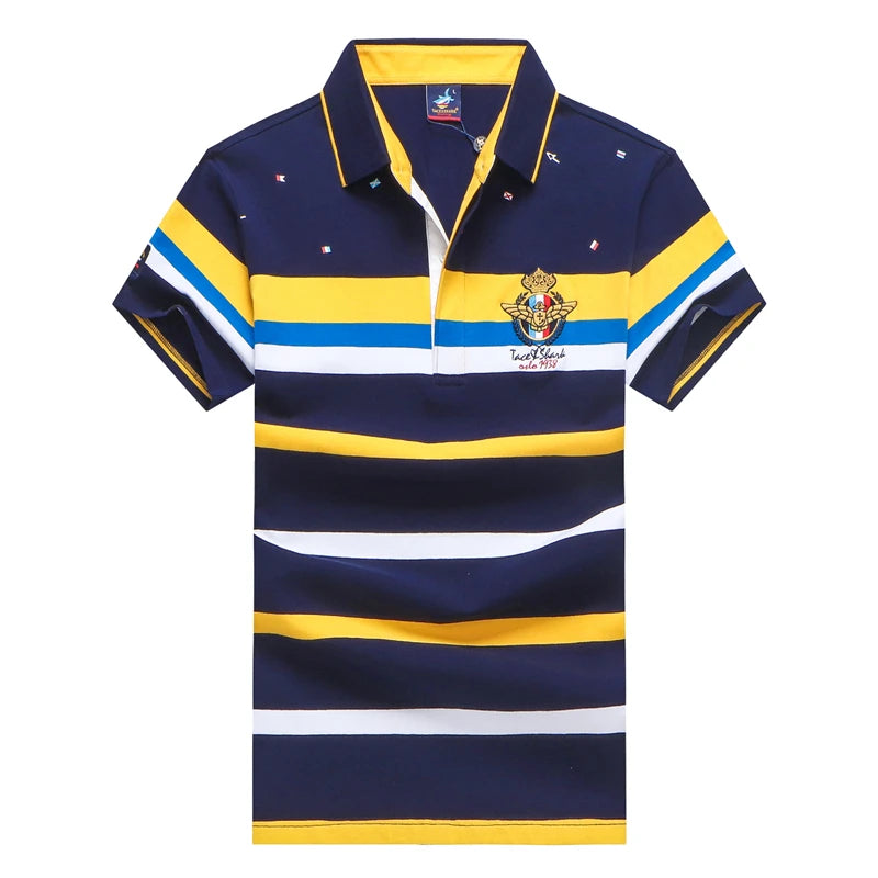 TACE&SHARK Fashion Stripe Shark Embroidery Polo Shirt Summer Men Business Shark Polos Tops Mens Casual Slim Fit Clothing