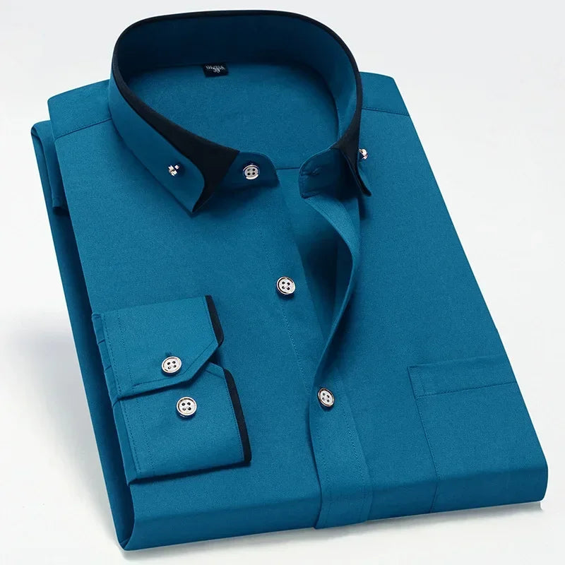 2026 Men's Long Sleeve Business Dress Shirts Solid Formal Button-Down Social Collar Camisa Elastic Anti-wrinkle Casual Men Shirt