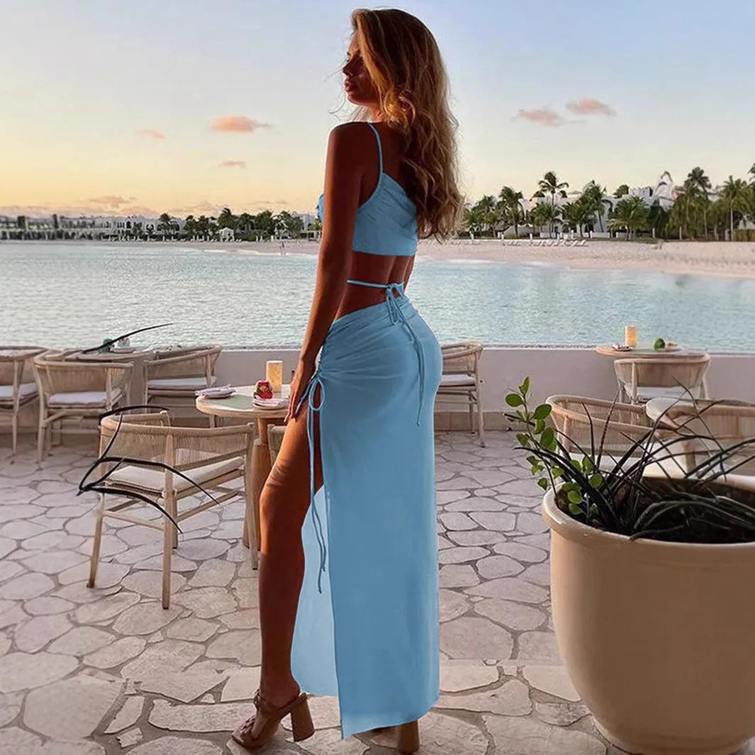 Summer Dresses For Womennew In Dresses Vacation Outfit Club Party Split Style Long Skirt Female Sexy Hollow Drawstring Dress