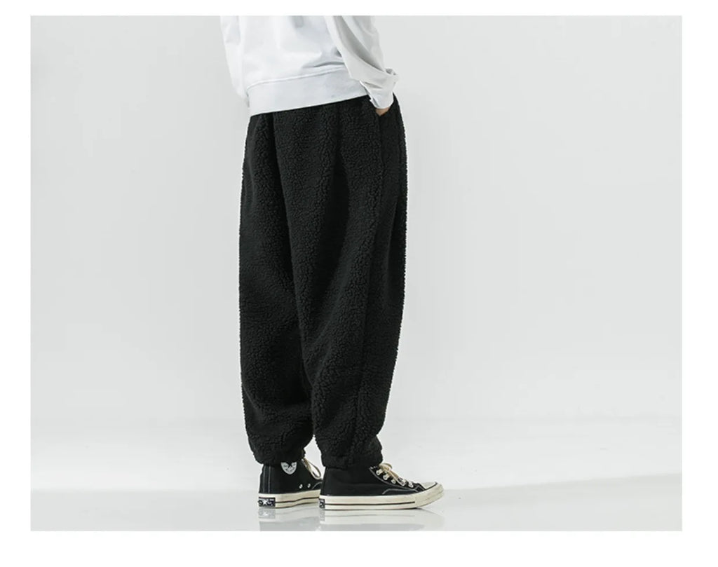 Winter Men's Lamb Wool Casual Pants Fleece Warm Elastic Waist Sweatpants Solid Thick Harem Pants Male Vintage Joggers Trousers