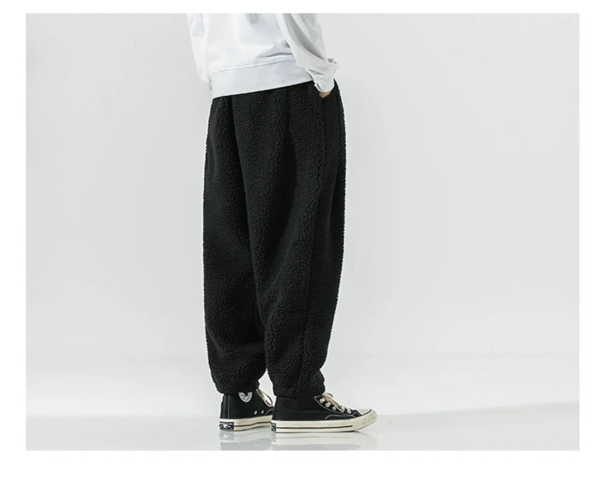 Winter Men's Lamb Wool Casual Pants Fleece Warm Elastic Waist Sweatpants Solid Thick Harem Pants Male Vintage Joggers Trousers
