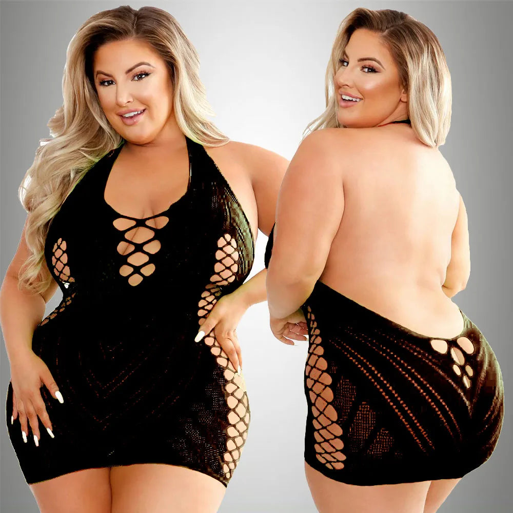 Sexi Women Fishnet Night Dress Hot Bodycon Clubwear Vestido Sexy Catsuit Erotic Transparent Midi Dresses mujer porno Plus Size