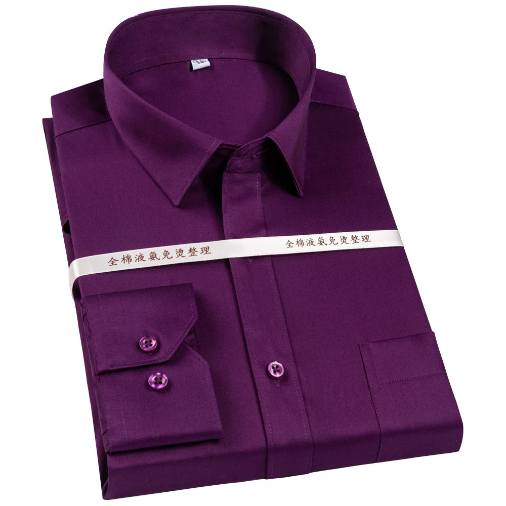 Men's Non Iron Standard-fit Solid Basic Dress Shirt Formal Business Premium 100% Cotton Male Long Sleeve Work Office Shirts