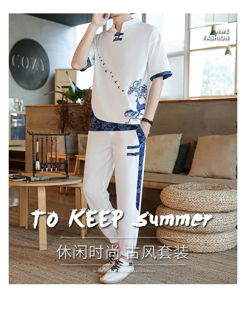 Shirts + Pants summer Cotton linen shorts sleeve shirts Men's Casual Sets Male Fashion trousers and shirts men size M-4XL TZ020