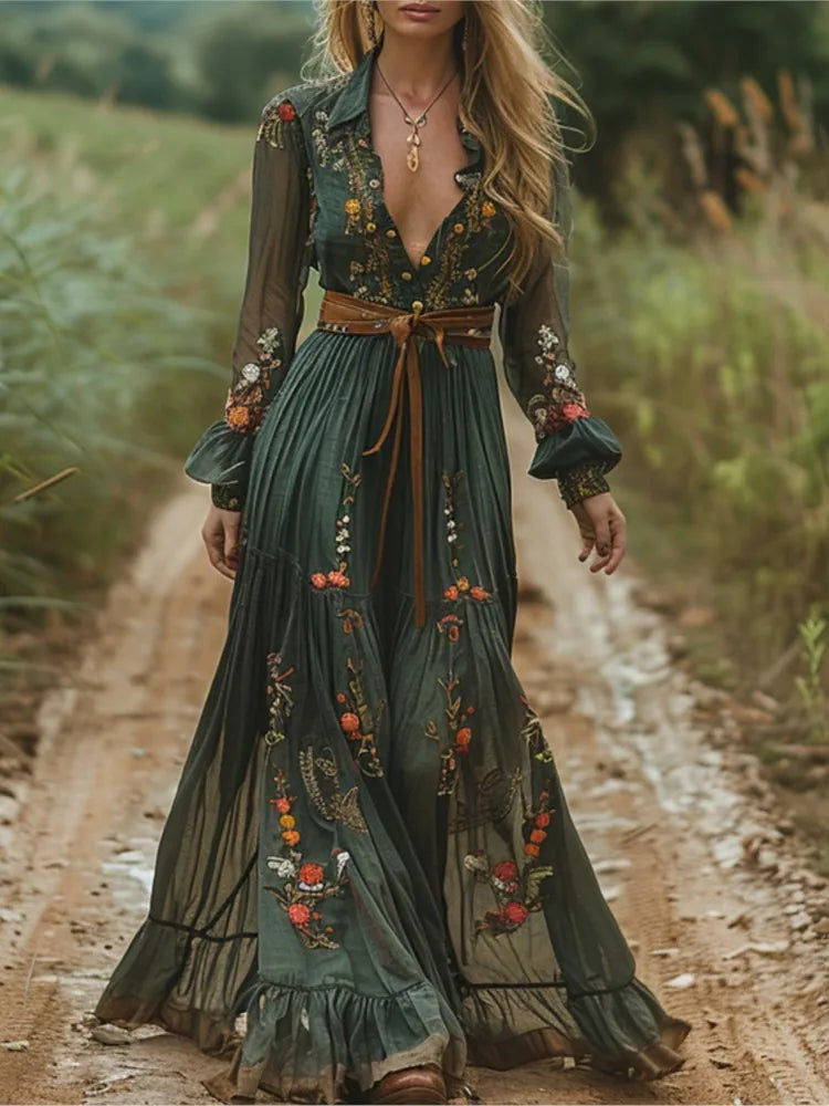 Fashion Vintage Print Dress For Women Casual Long Sleeve Turn-down Collar Button Pullover Loose Dresses Robe Femme Holiday Party