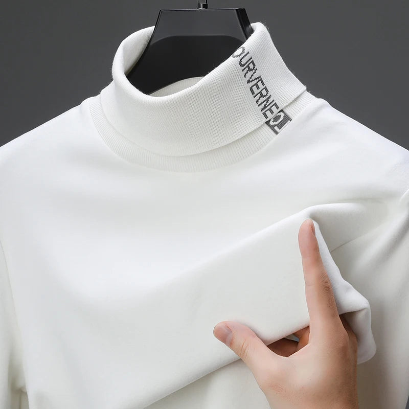 Fashion high neck exquisite letter embroidery men's sweater velvet warm T-shirt Korean style autumn winter new casual pullover