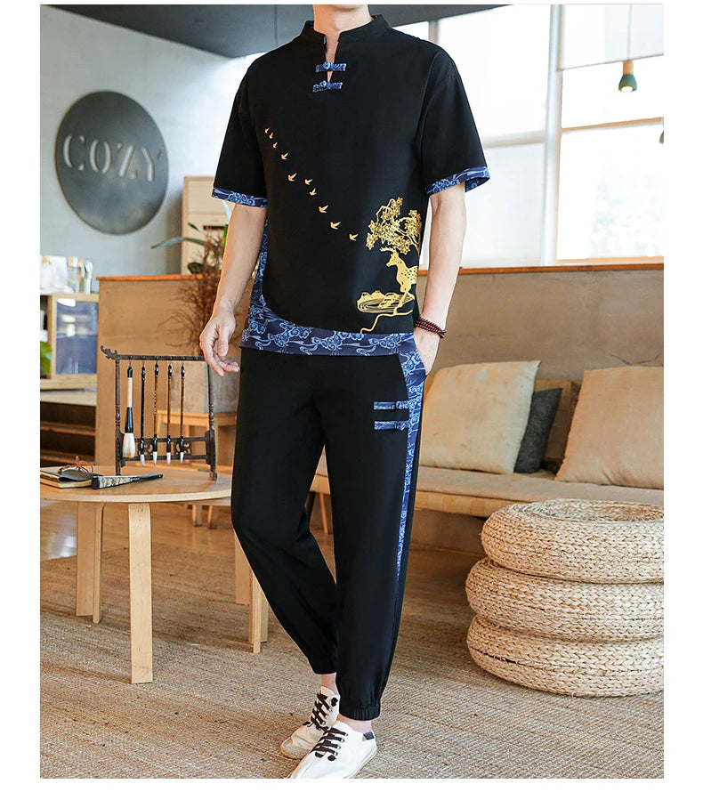 Shirts + Pants summer Cotton linen shorts sleeve shirts Men's Casual Sets Male Fashion trousers and shirts men size M-4XL TZ020