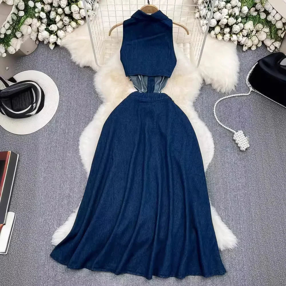 Denim Dress Women Long Dresses Turn Down Collar Sleeveless Party Club Hollow Out Jeans High Waist Slim Single Breasted Vestidos