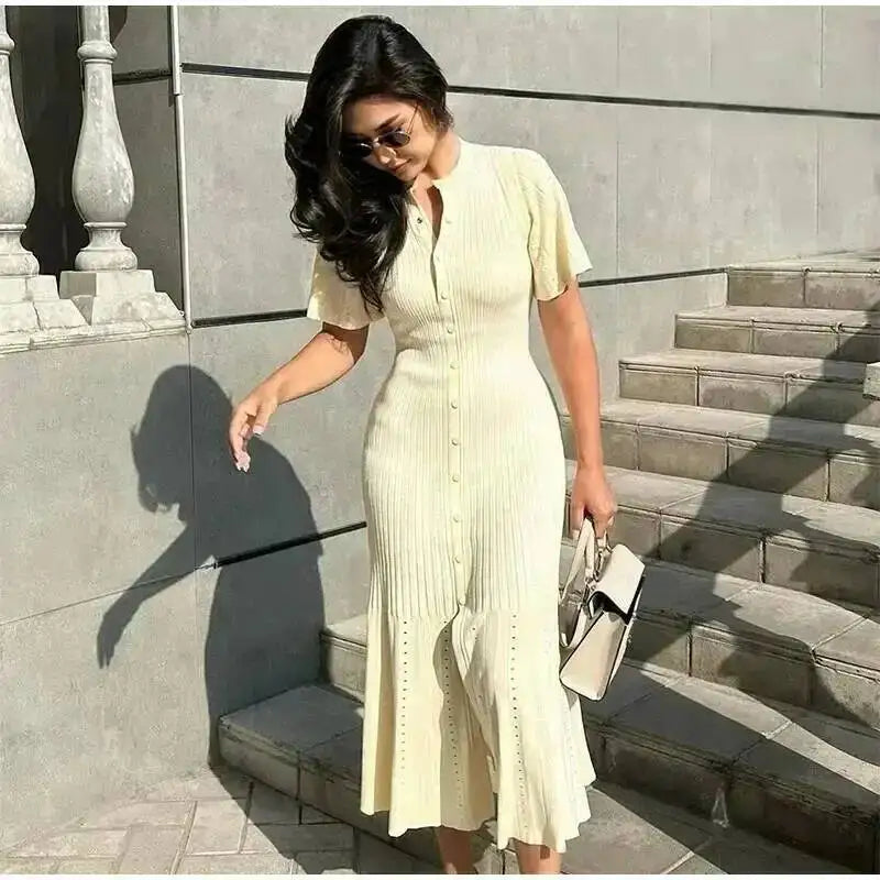 Elegant Knit Dress For Women White Slim O-neck Single Breasted Short Sleeve Long Dresses Female Spring Fashion Lady Robe T88X