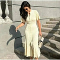 Elegant Knit Dress For Women White Slim O-neck Single Breasted Short Sleeve Long Dresses Female Spring Fashion Lady Robe T88X