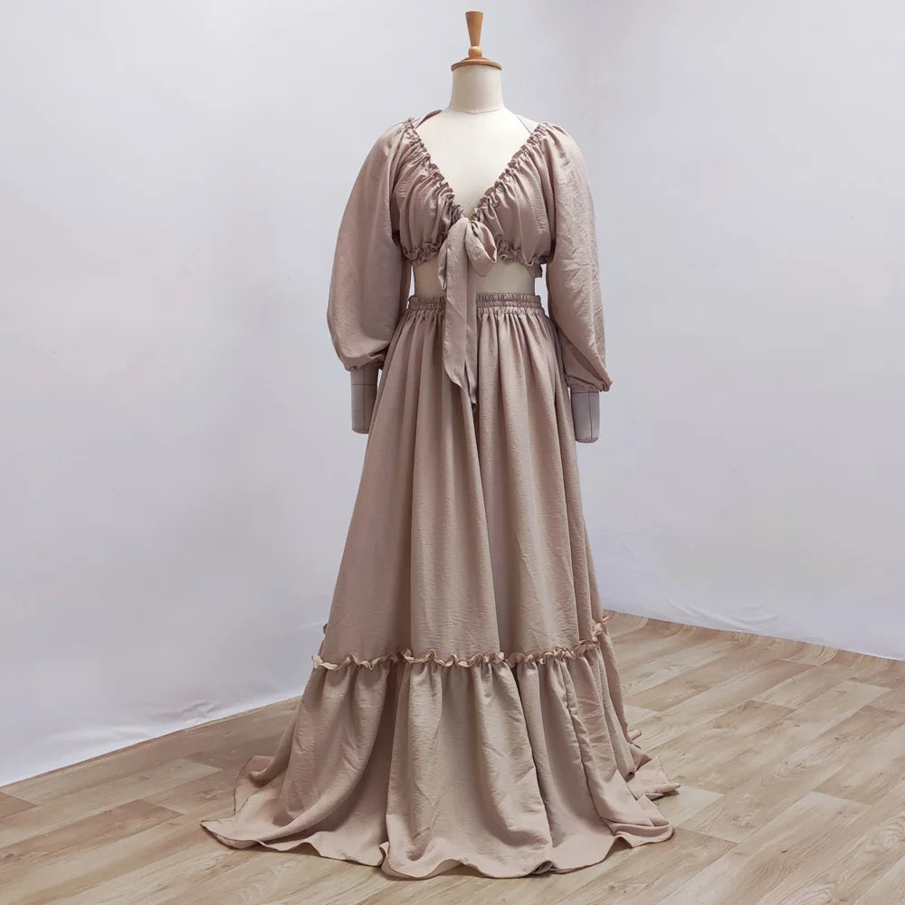 Maternity Photography Dresses Soft Cotton-Like Dress V-neck Tie Up Top A-line Skirt Two-Piece Set Clothes For Pregnant W