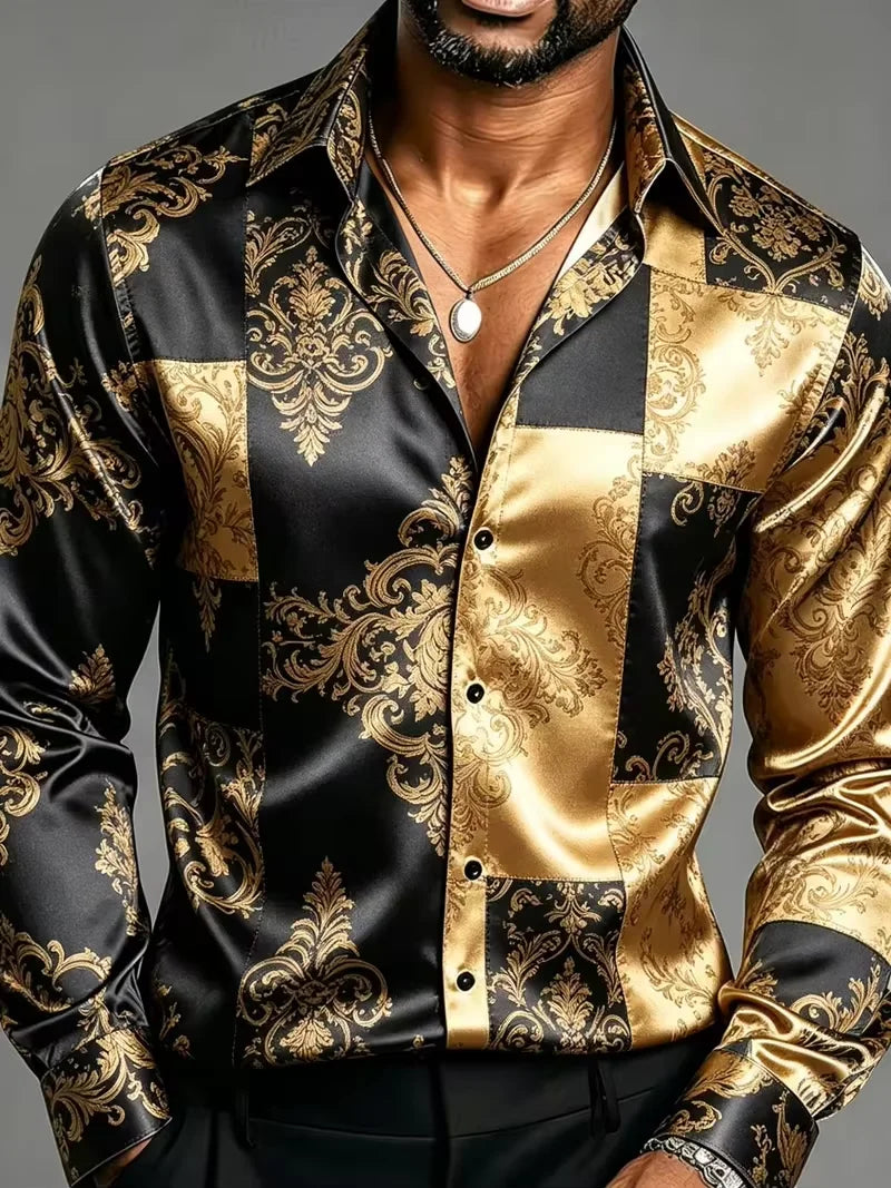 Satin Silk Long Sleeve Baroque Floral Printed Men Dress Shirts Slim Fit Party Nightclub Casual Formal Tops