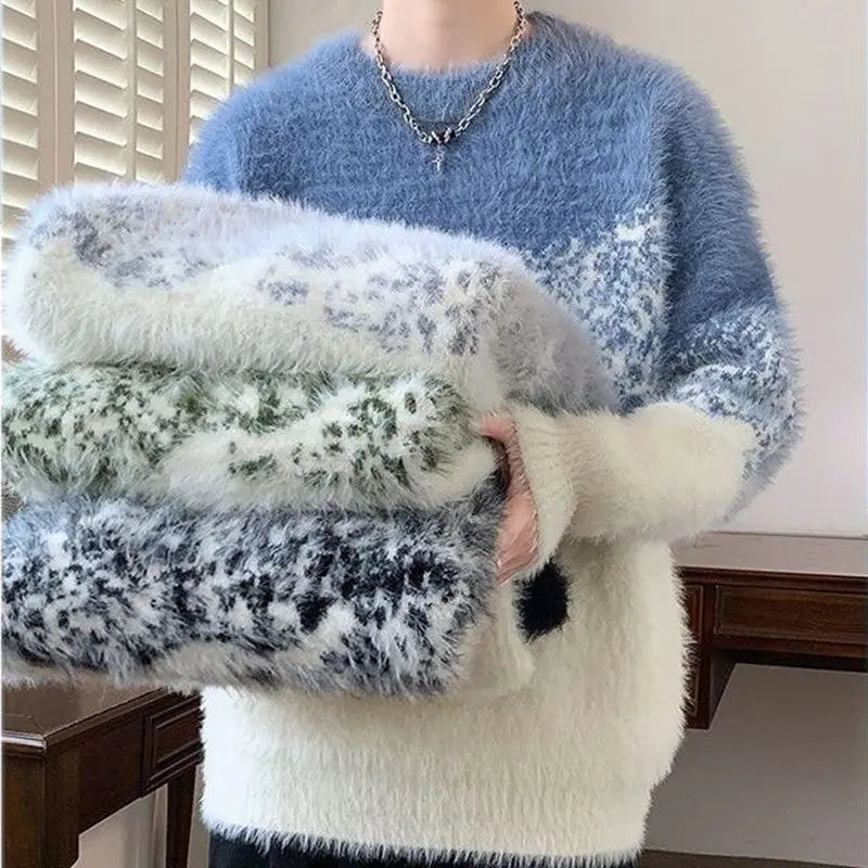 Autumn Winter Men's O Neck Sweater Knitwear Warm Imitation Mink Hair Pullover Loose Gradient Color Casual Plush Thicken Sweater