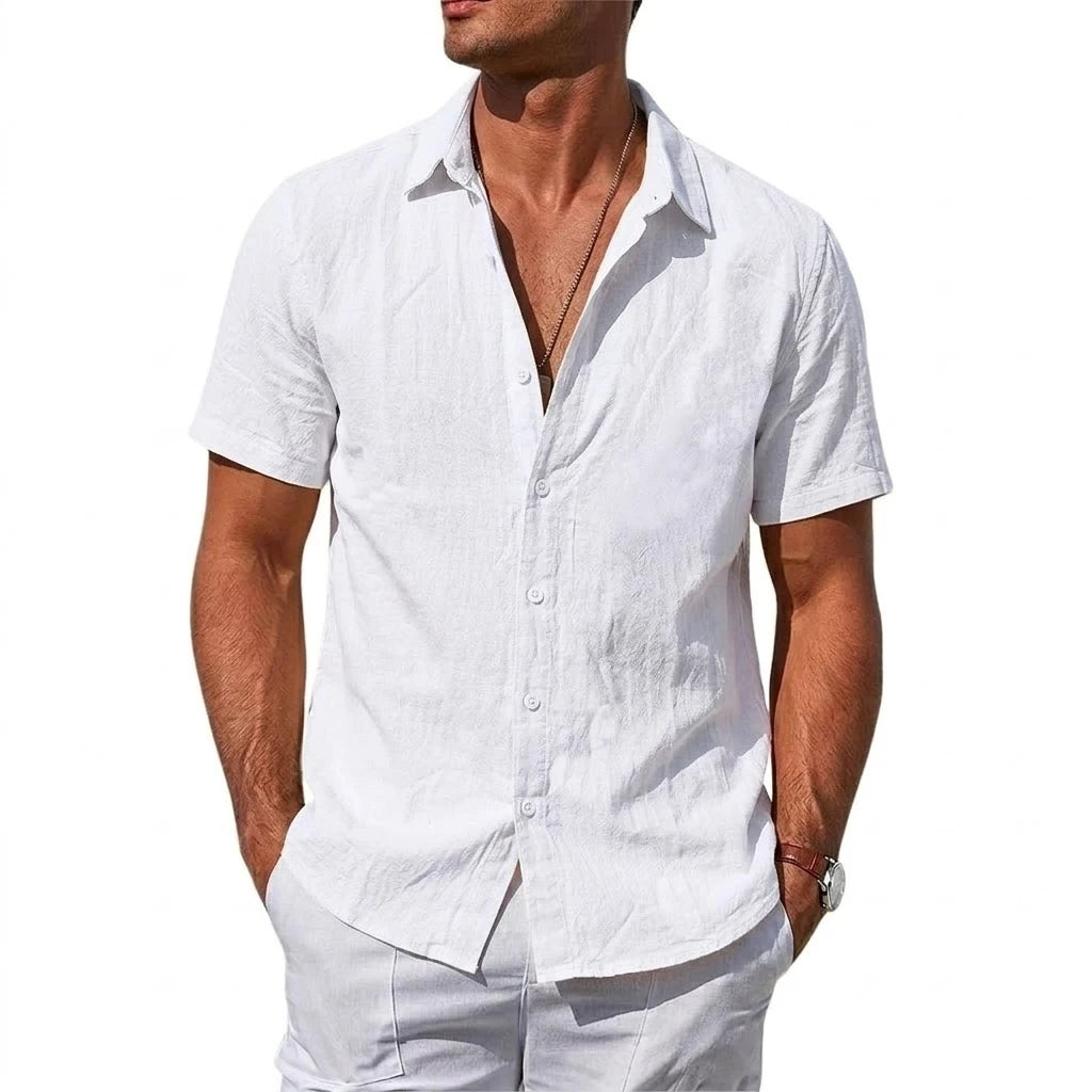 Men's Short Sleeve T-shirt Cotton Linen Shirts Casual Tshirts Man Solid Color Lapel Summer Shirts Male Breathable Hawaiian Shirt