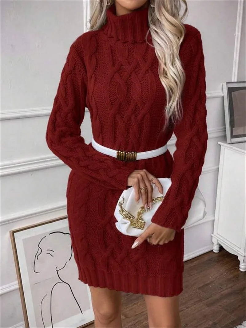 Sweater Dresses Women Autumn Twisted Ribbed Knitted Long Sleeve Turtleneck Mini Casual Solid Dresses Winter Streetwear