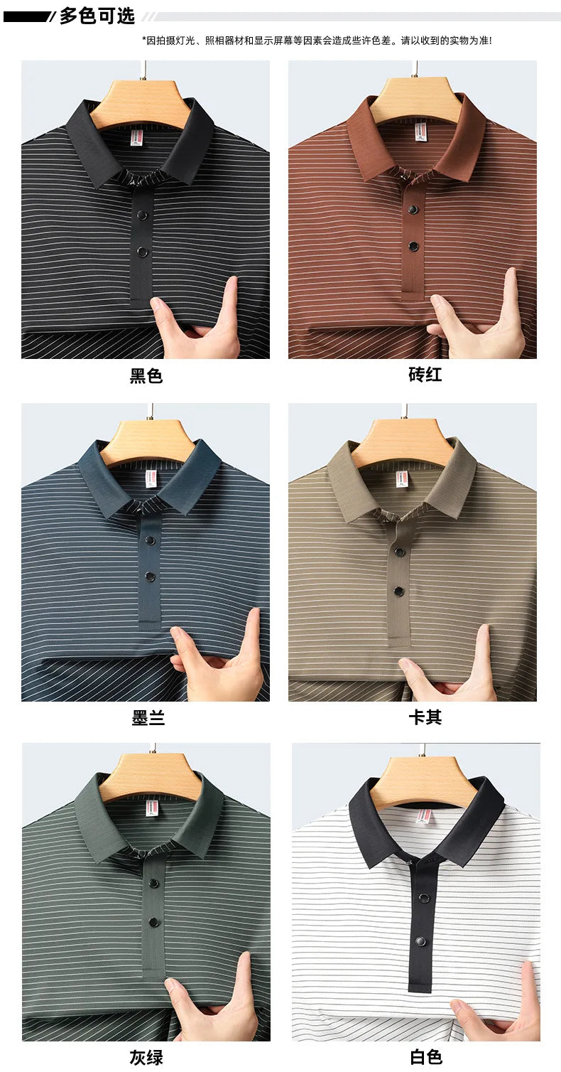 Men's Polo Shirt Summer New Lapel Men's Short Sleeve Polo Shirt Striped Ice Silk Business Casual Men's Polo Shirt M-6XL 7XL 8XL