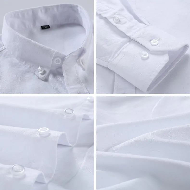 Cotton Oxford Shirt For Men Long Sleeve Plaid Striped Casual Shirts Male Pocket Regular-Fit Button-Down Work Man Dress Shirt