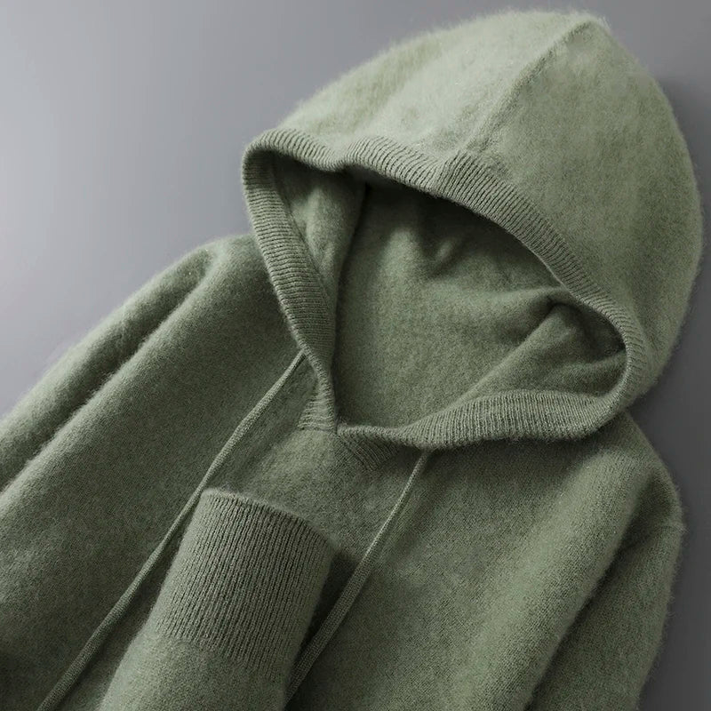 DjzDsm Autumn Winter Men's Sweater 100% Merino Wool Thick Hooded Pullover Soft Knitwear Casual Comfort Wool Clothing Tops