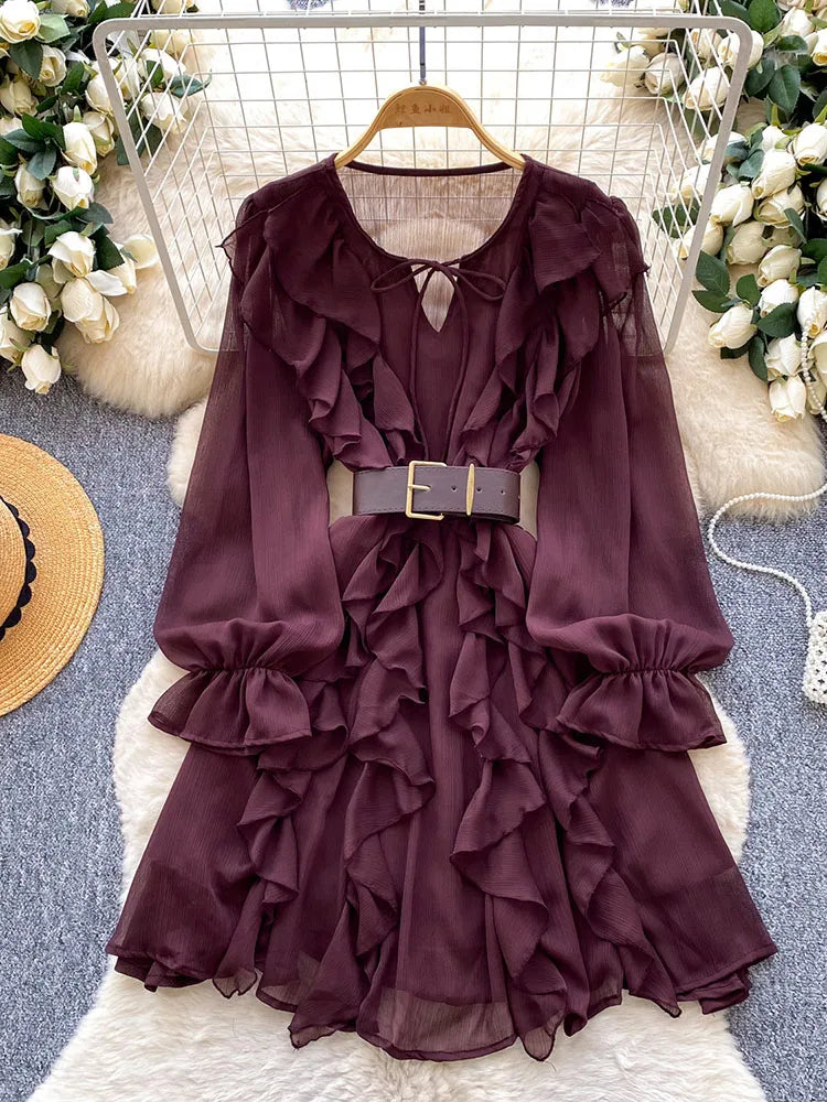 Women  Spring Dress French Elegance Chiffon Ruffle Long Sleeve High-Waist Belted Versatile Office Wear Mid Length Vestidos DS334