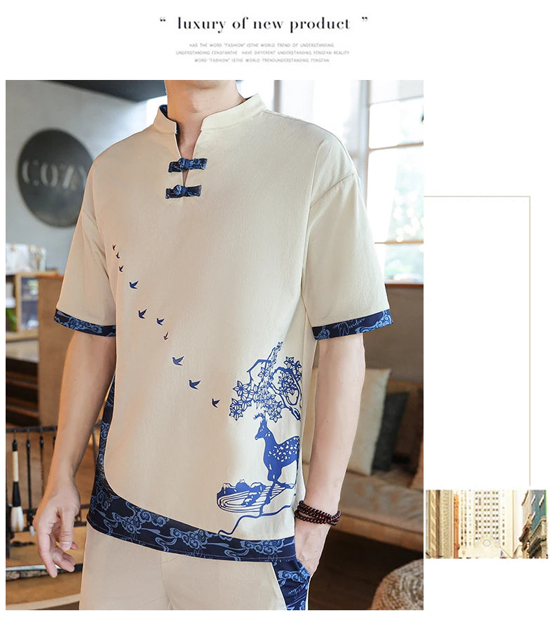 Shirts + Pants summer Cotton linen shorts sleeve shirts Men's Casual Sets Male Fashion trousers and shirts men size M-4XL TZ020