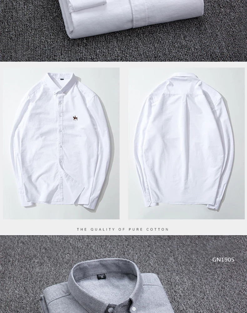 Cotton Oxford Shirt For Men Long Sleeve Plaid Striped Casual Shirts Male Pocket Regular-Fit Button-Down Work Man Dress Shirt