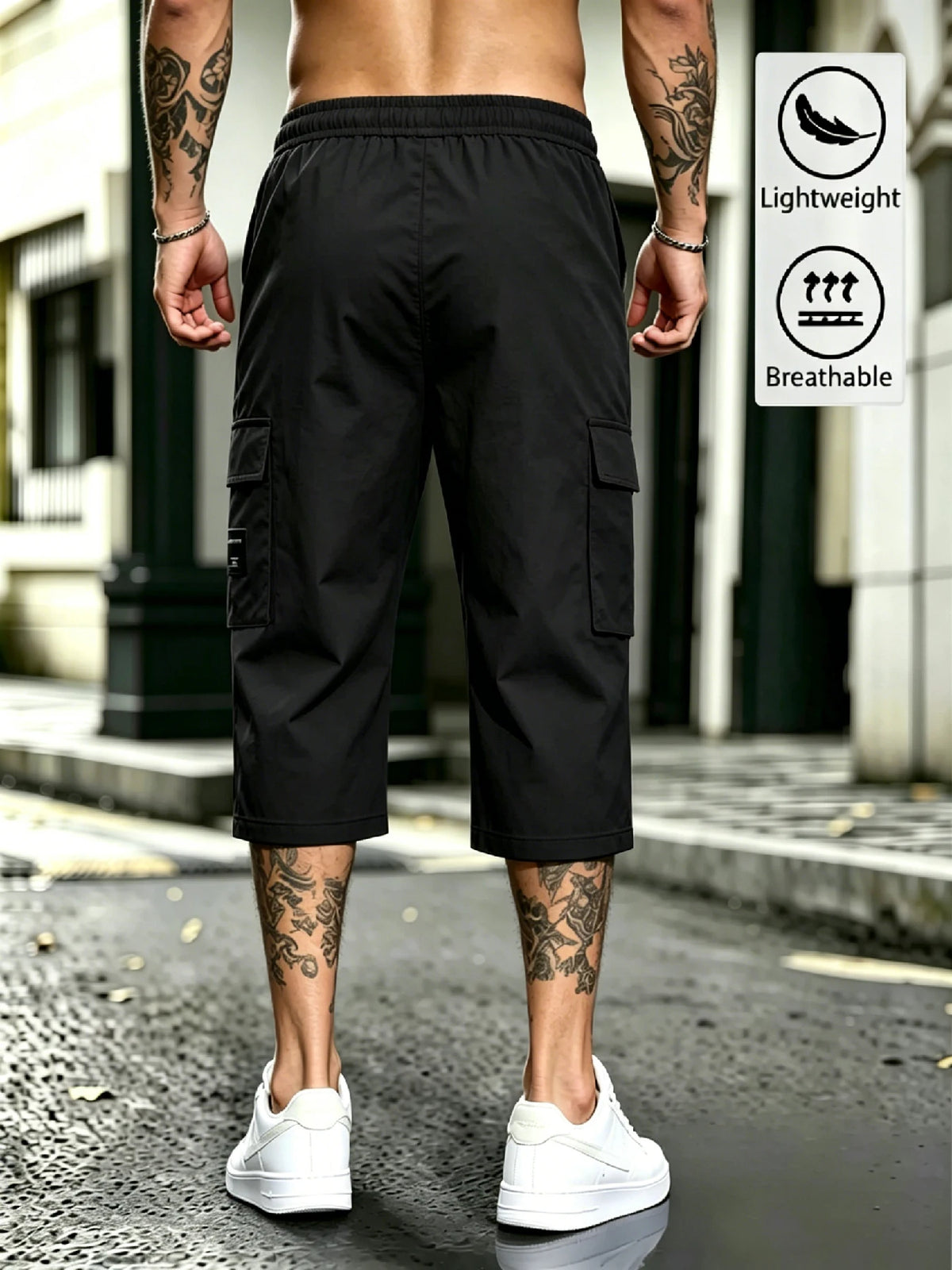 Men's Streetwear Cargo Capri Pants, Drawstring Elastic Waist, 3D Cargo Pockets with Patch, Lightweight Breathable Summer Bottoms