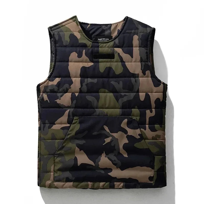 Round Neck Vest Men's Autumn Winter Padded Thickened Thermal Vest Wearing Japanese Fashion Side Zipper Sleeveless Coat Pullover