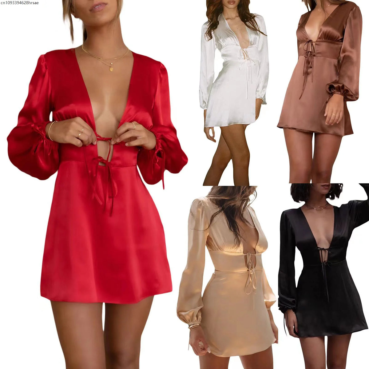 White Dress for Women Deep V Neck Sexy Lace-Up Long Sleeve High Waist Slim Fit Mini Shirt Dress Office Lady 2025 Spring
