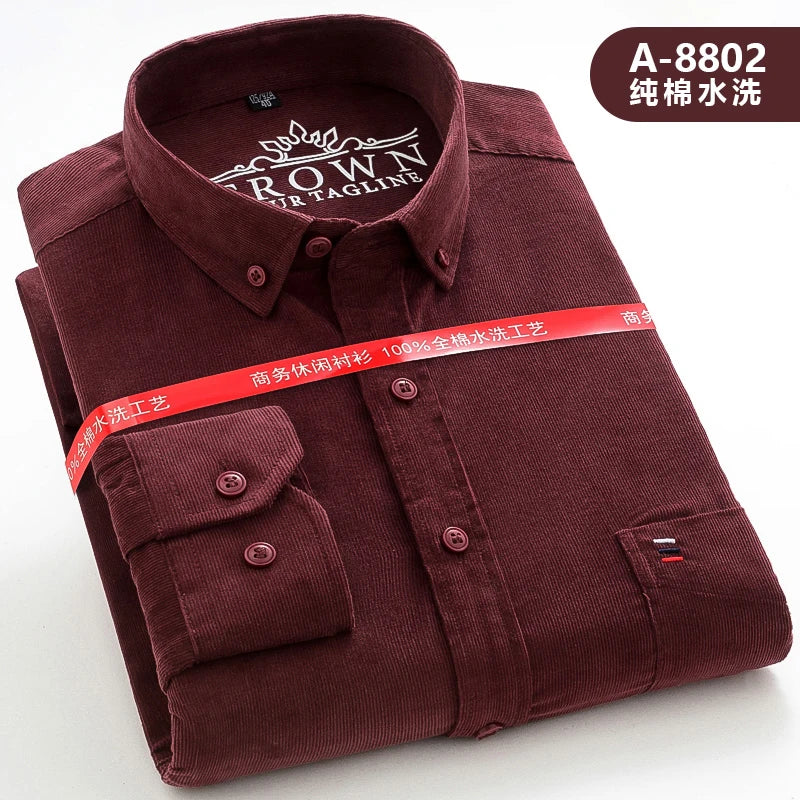 Cotton Corduroy Warm Shirts For Men New Autumn Winter Fashion Solid Color S-7XL Businessman Long Sleeve Smart Dress Casual Shirt