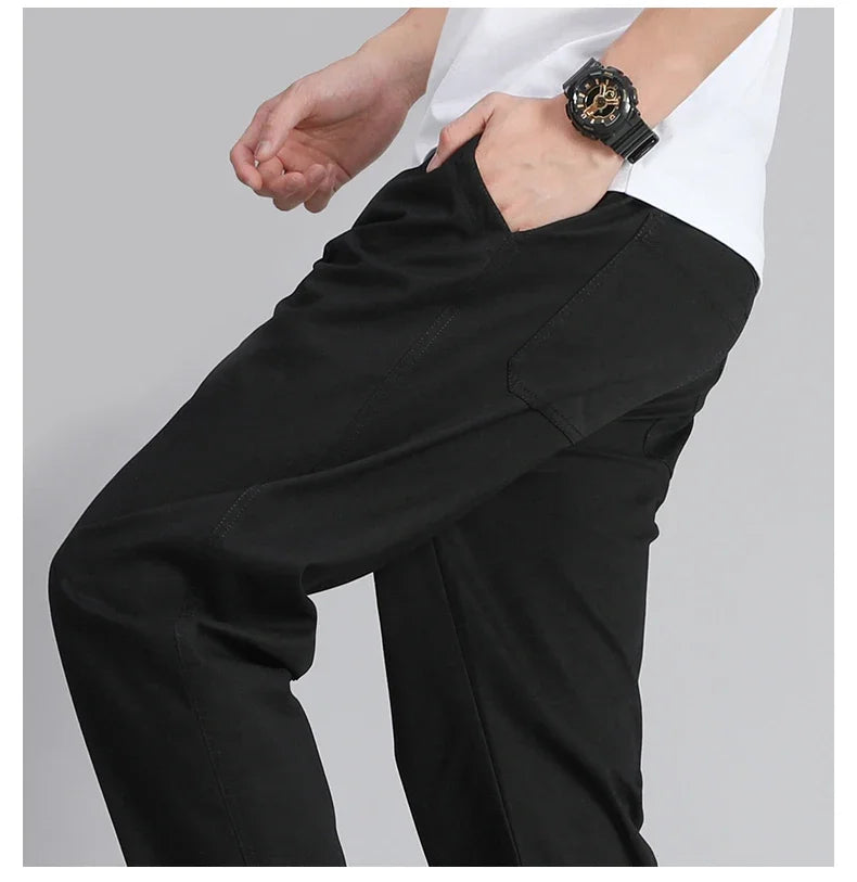 Big Size Mens Casual Pants Relaxed Fit Cotton Trousers Elastic Waist Drawstring Sweatpants Mens Jogger Pants Summer Spring