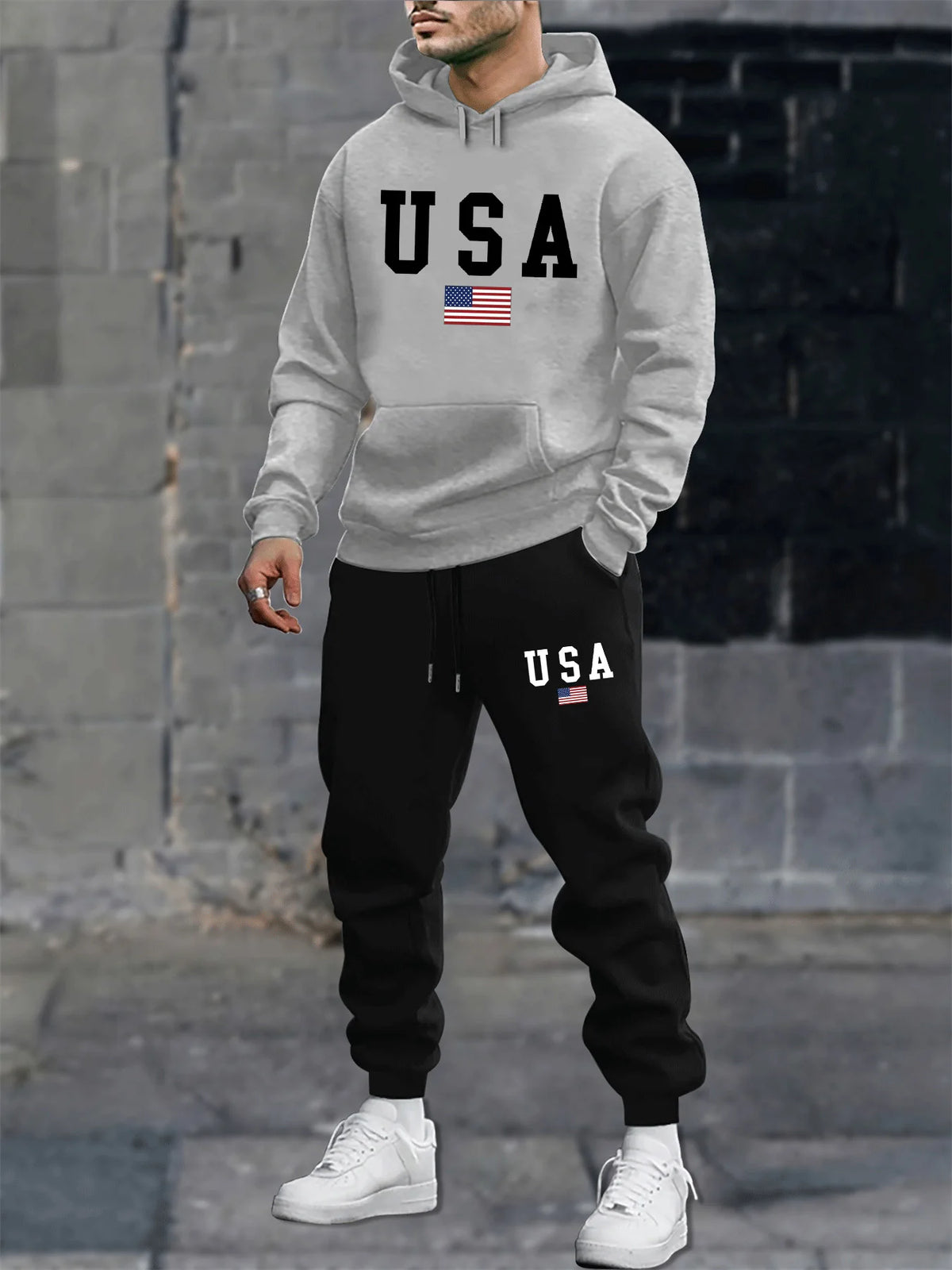 Men's autumn and winter casual fashion warm American flag USA pattern print loose plush thick hooded sweatshirt+sweatpants set