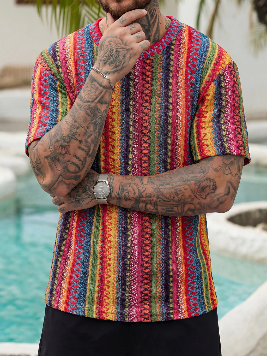 Summer Men's Bohemian Ethnic Jacquard Short-Sleeve T-Shirts, Breathable Knitted Short-Sleeve Shirts for Vacation