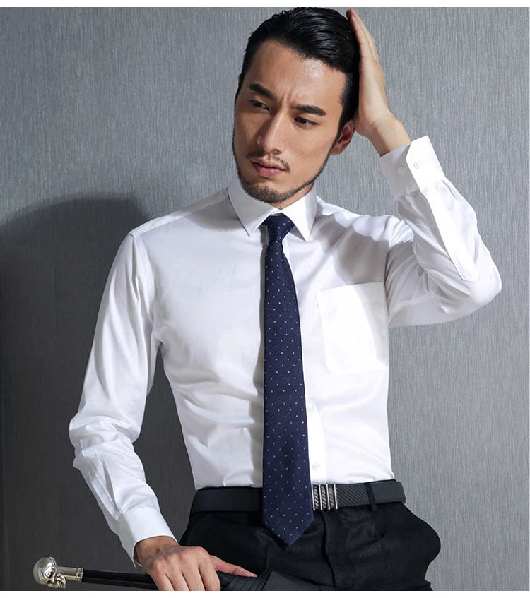 Men's Non Iron Standard-fit Solid Basic Dress Shirt Formal Business Premium 100% Cotton Male Long Sleeve Work Office Shirts