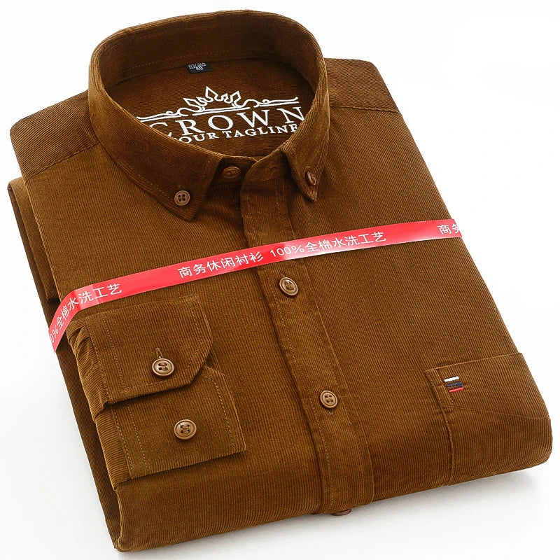 Cotton Corduroy Warm Shirts For Men New Autumn Winter Fashion Solid Color S-7XL Businessman Long Sleeve Smart Dress Casual Shirt