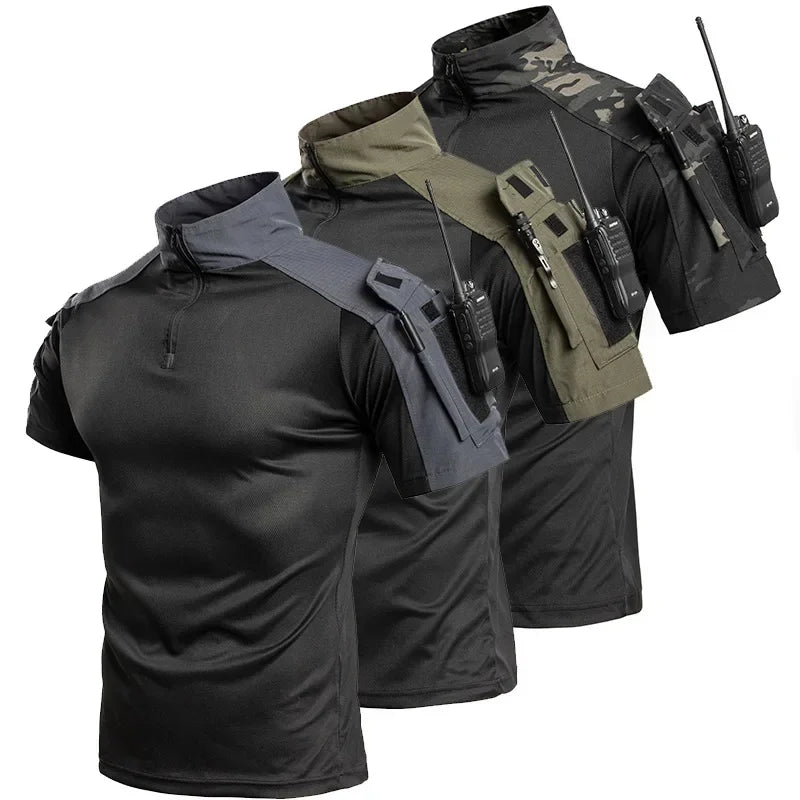 Summer Breathable Quick Dry Mens Tactical Combat Short Sleeve T-Shirts Half Zip Stand Collar Radio Pen Storage Arm Pocket Tee