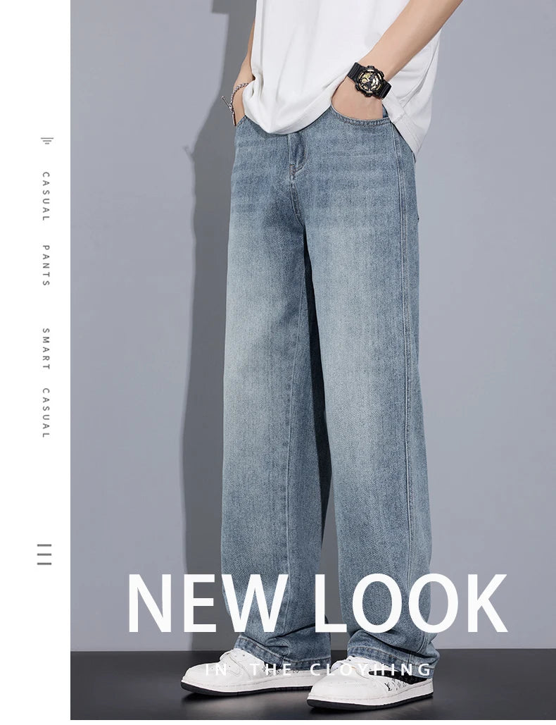 Autumn Casual Men's Straight Jeans Fashion Loose Vintage Elastic Waist Trousers Light Blue Personality Wide Pants Denim Male