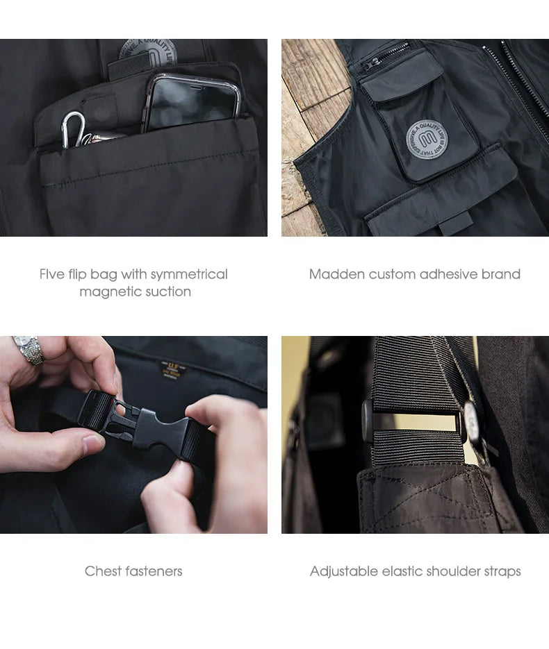 Maden Men Multi-pocket Tactical Vest Jacket & Bag Japan Retro Multi-function Photography Waistcoat Wide Shoulder Strap Solid Bag
