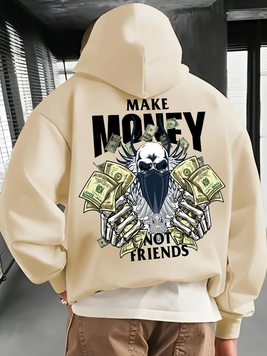 Commuting fashion men's autumn and winter must-have hooded sweatshirt Make MONEY NOT FRIENDS printed hooded sweatshirt versatile