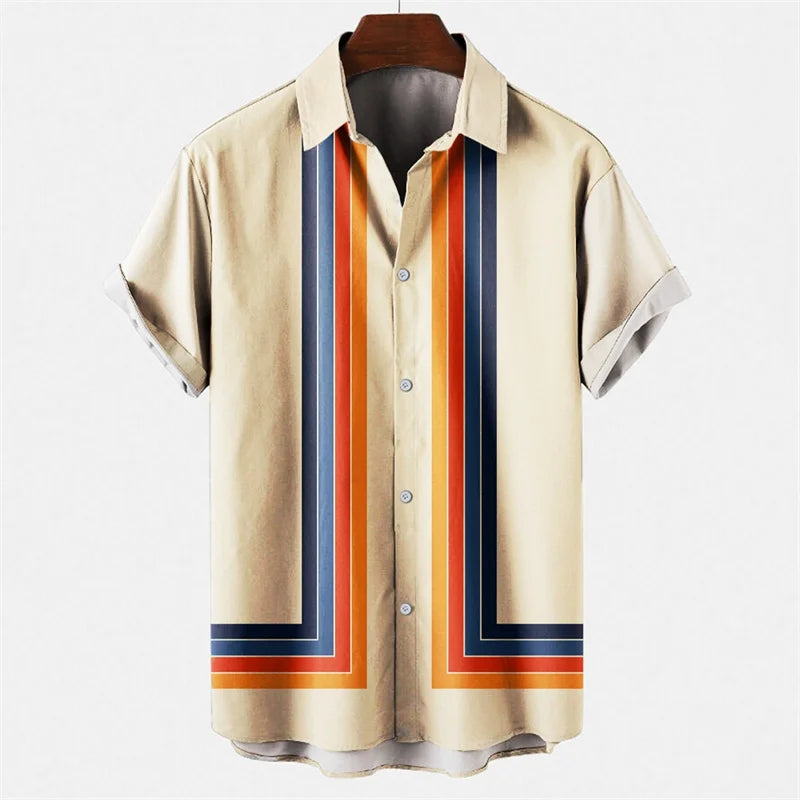 Mens Hawaiian 3d Stripe Print Shirt Harajuku Summer Fashion Short Sleeves Casual Beach Vacation Button Loose Aloha Shirts