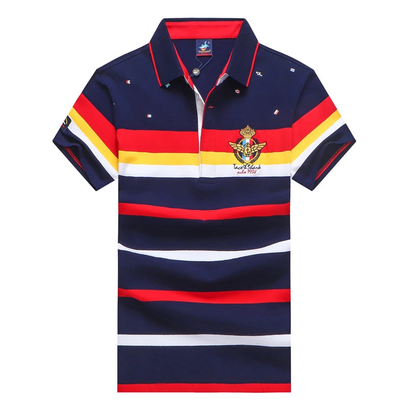 TACE&SHARK Fashion Stripe Shark Embroidery Polo Shirt Summer Men Business Shark Polos Tops Mens Casual Slim Fit Clothing