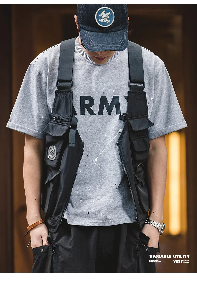 Maden Men Multi-pocket Tactical Vest Jacket & Bag Japan Retro Multi-function Photography Waistcoat Wide Shoulder Strap Solid Bag