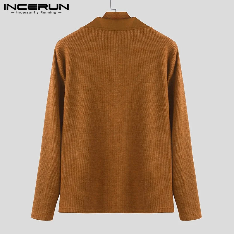 INCERUN Men Sweaters Patchwork Lapel Collar Long Sleeve Knitted Male Pullovers Streetwear 2025 Fashion Casual Men Clothing S-5XL
