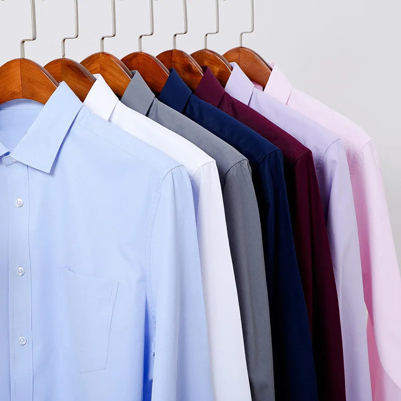 Business Dress Shirt Men's Long-sleeve Autumn Spring Fashion Solid Casual Formal White Work Office Simple Basic Man Clothe S-7XL