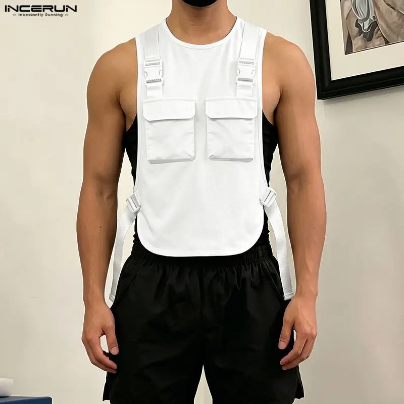 INCERUN Men's Tank Tops Solid Color O-neck Sleeveless Pockets Male Vests Summer Streetwear Loose 2026 Fashion Casual Men Clothes