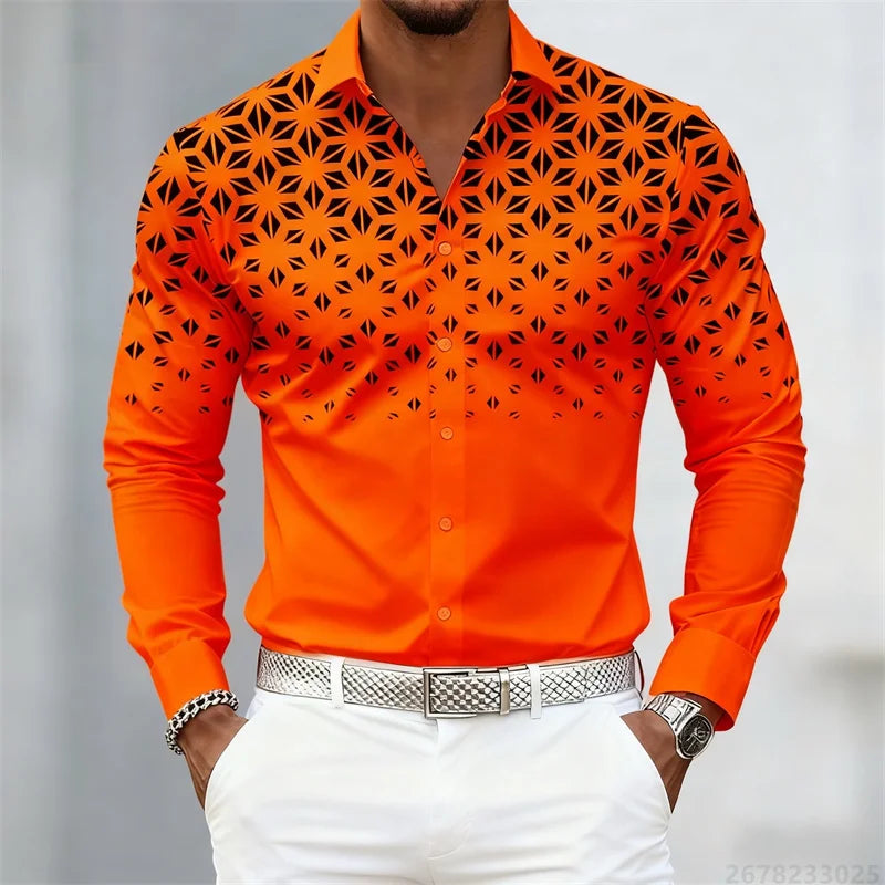 17 Colors of Men's Shirts, Fashionable Geometric Pattern Print Long Sleeve Shirts, Personalized Trendy Slim Lapel Casual Shirts