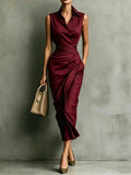 Elegant Dress for Woman Turndown Collar Button High Waist Slim Bodycon Dress Summer Sleeveless Solid Office Lady Dresses Vestido