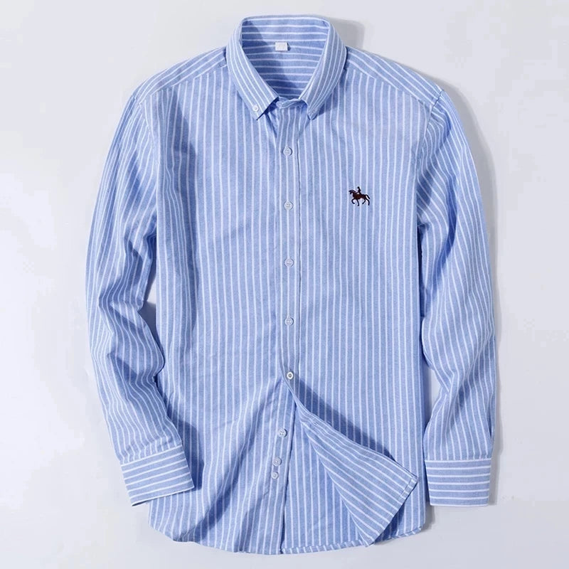 Cotton Oxford Shirt For Men Long Sleeve Plaid Striped Casual Shirts Male Pocket Regular-Fit Button-Down Work Man Dress Shirt