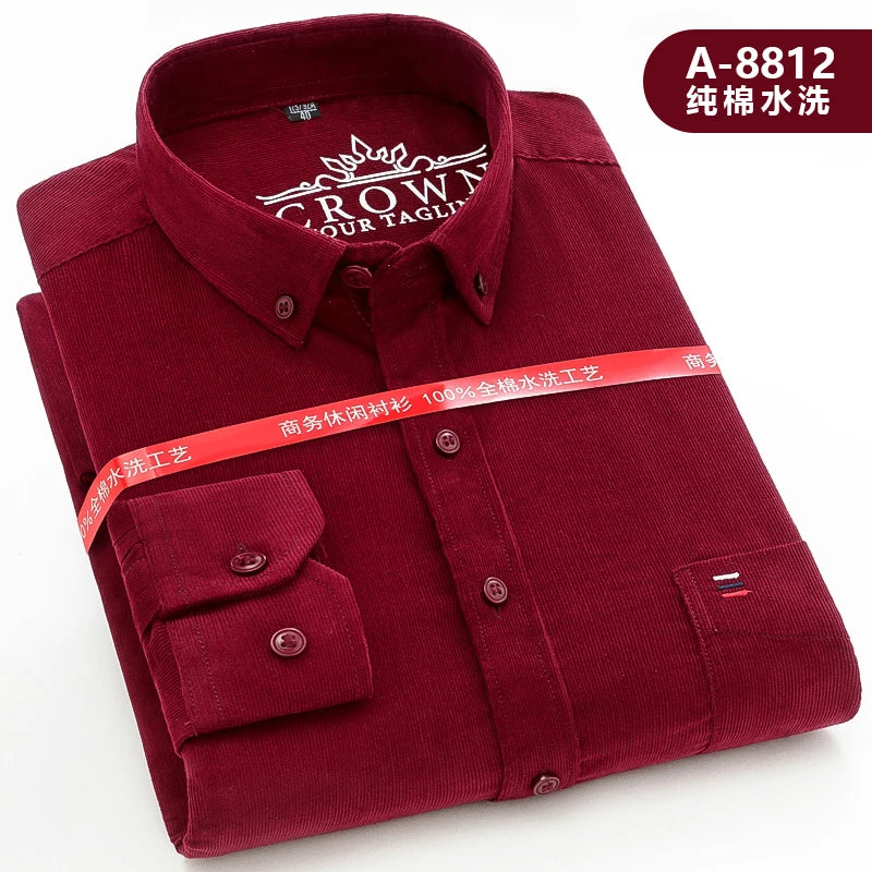 Cotton Corduroy Warm Shirts For Men New Autumn Winter Fashion Solid Color S-7XL Businessman Long Sleeve Smart Dress Casual Shirt